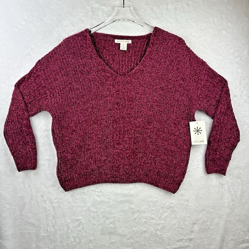 Luv Lane NWT Womens Long Sleeve Pullover Sweater Chenille Size S Dark Pink